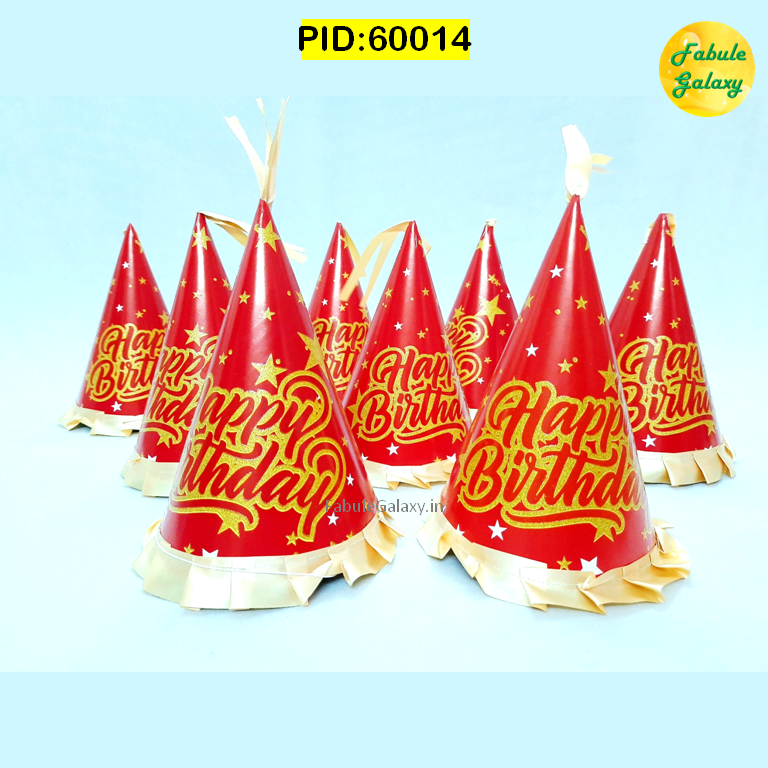 HBD Cap- Golden-Red with Satin Frill- 10 Pc Pack