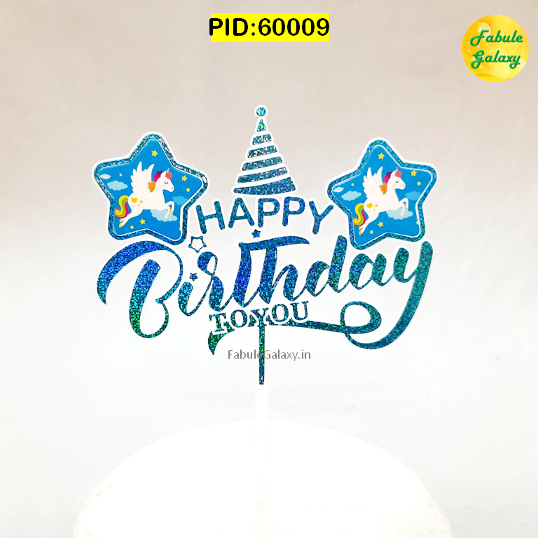Unicorn Cake topper- Happy Birthday- Blue