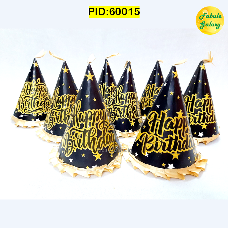 HBD Cap- Golden-Black with Satin Frill- 10 Pc Pack
