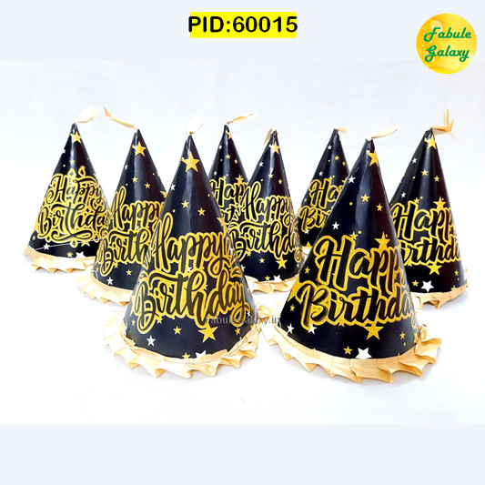 HBD Cap- Golden-Black with Satin Frill- 10 Pc Pack