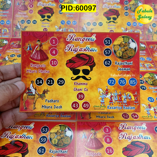 Colorful card with illustrations and text, featuring 'Rangeelo Rajasthan' theme. Tambola / housie game cards by Fabule Galaxy